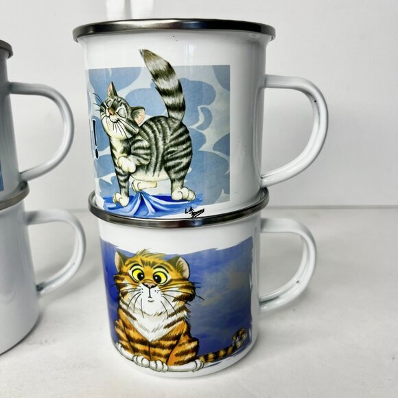 Set of 4 Cute Kittens Enamel Coffee Tea 12oz Mugs Cat Design Camping - Picture 14 of 15
